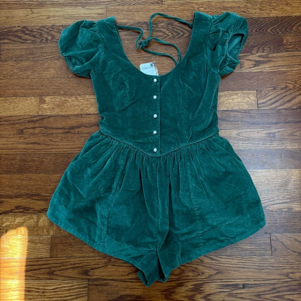 Free People Green velvet romper with pearl buttons